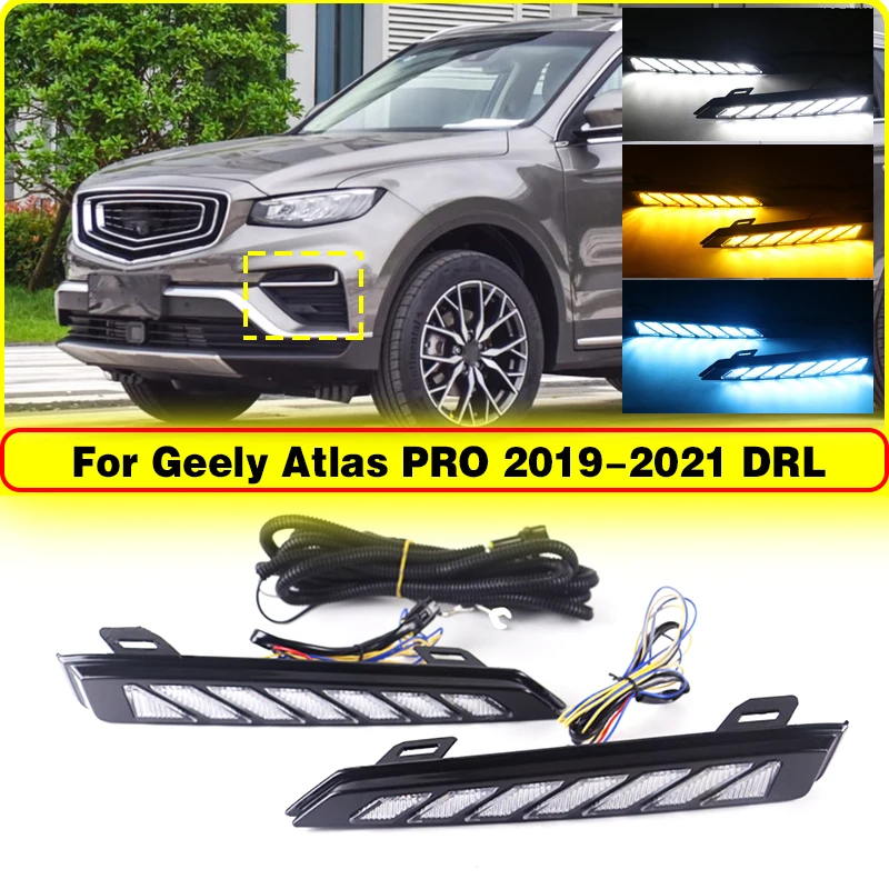 Luz de circulación diurna Led DRL para coche Geely Atlas PRO 2019 2020 2021, luz diurna con lámpara de señal de giro amarilla y modo nocturno azul