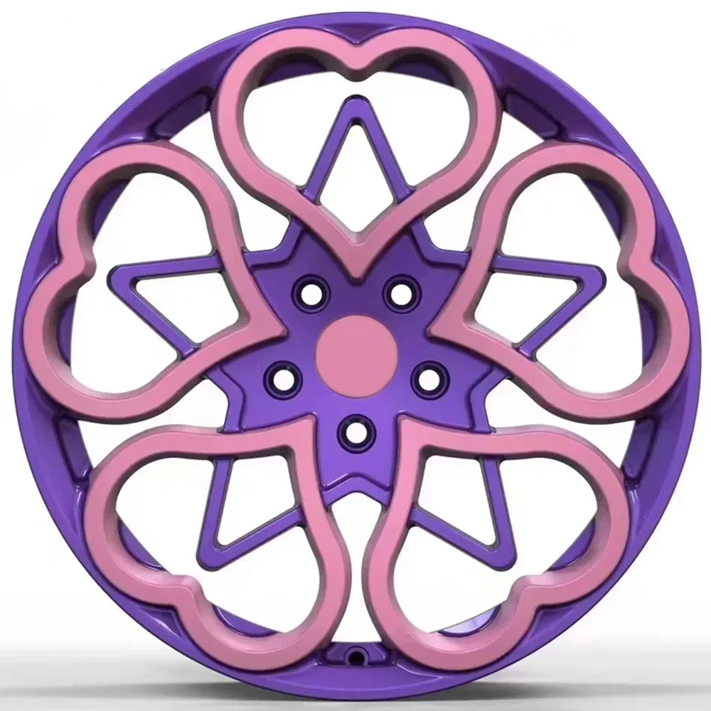 Llantas forjadas personalizadas en rosa y morado, diseño corazón