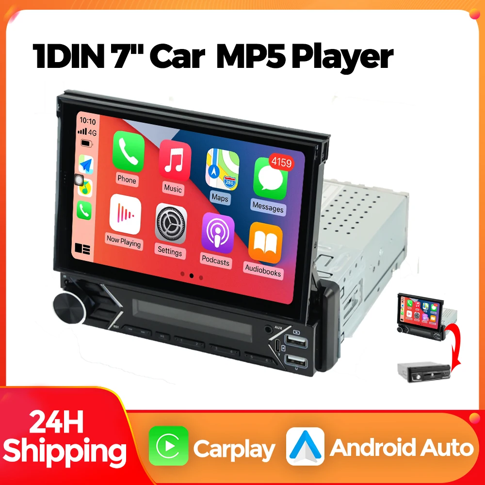 Radio 1 DIN retráctil de 7 pulgadas con Android Auto y CarPlay