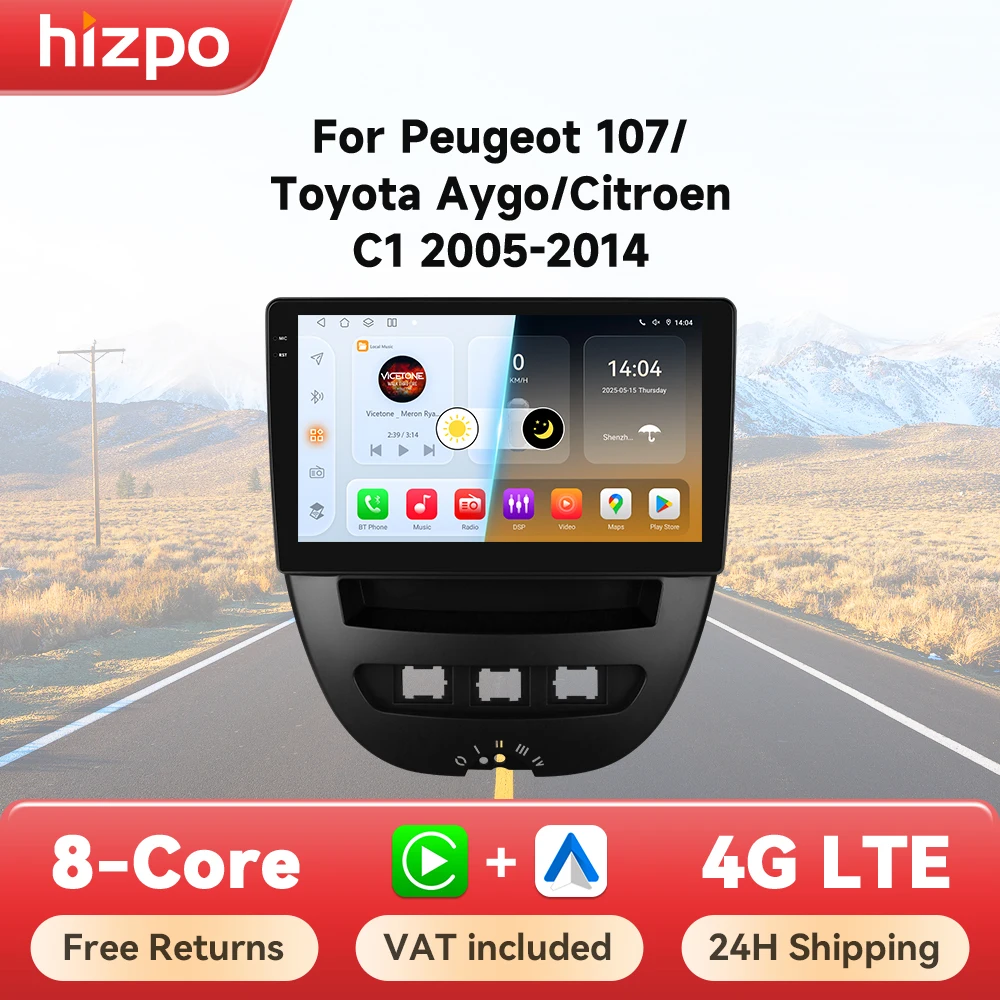 Hizpo Radio CarPlay Android Auto para Peugeot 107 Aygo C1 2005-2014