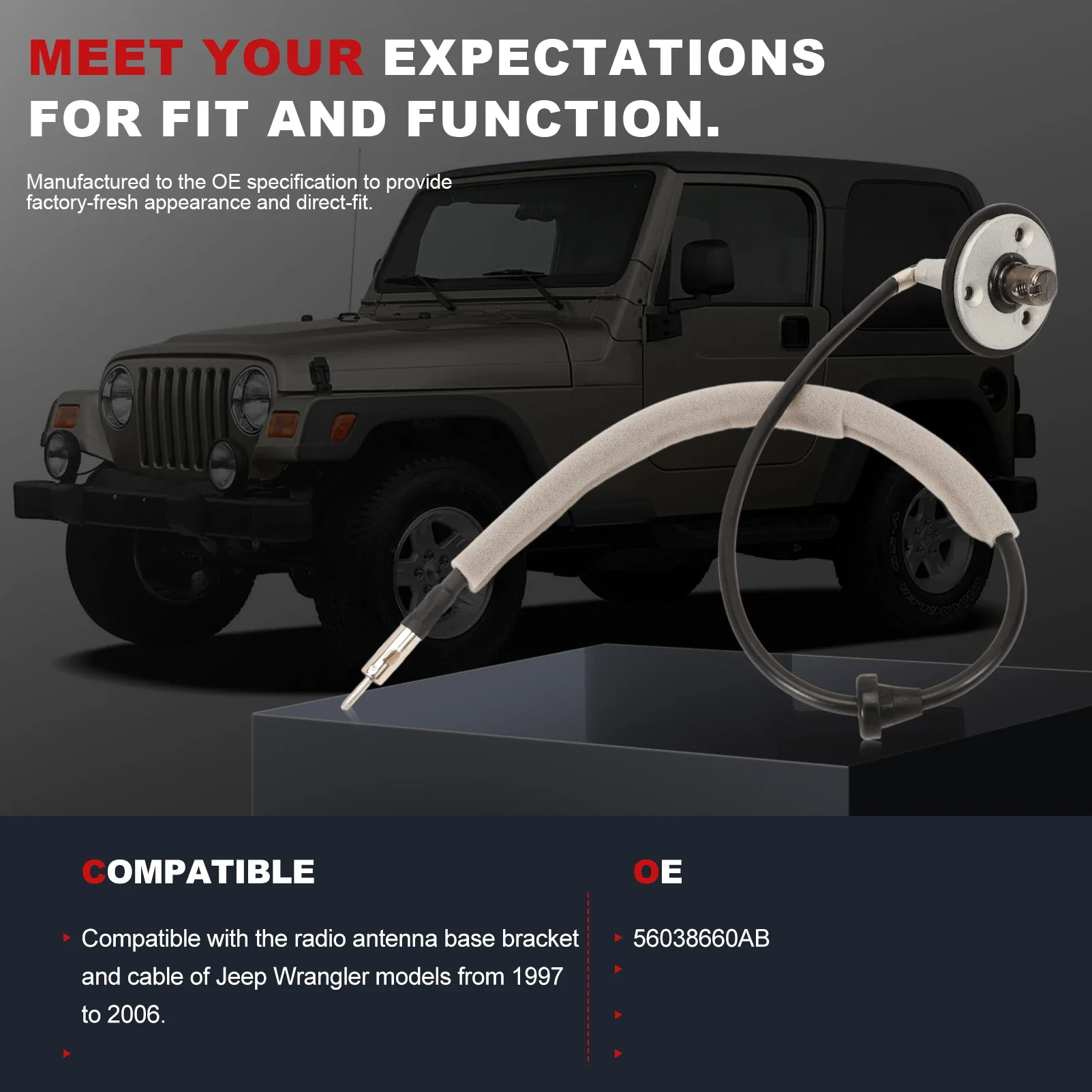 Base de antena de radio con cable para Jeep Wrangler TJ 1997-2006