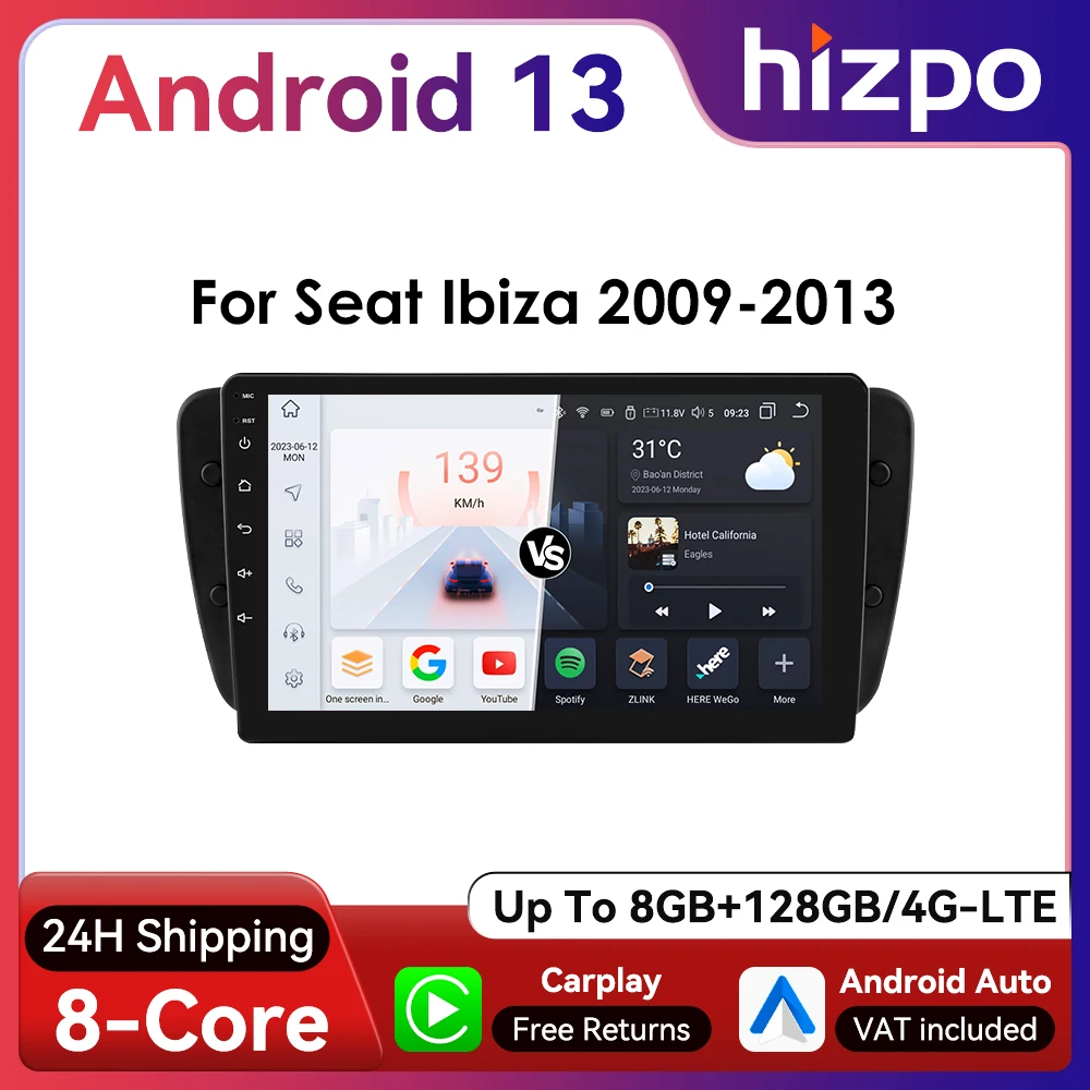 Radio Hizpo Android 10.1 2Din para Seat Ibiza 2009-2013 con CarPlay