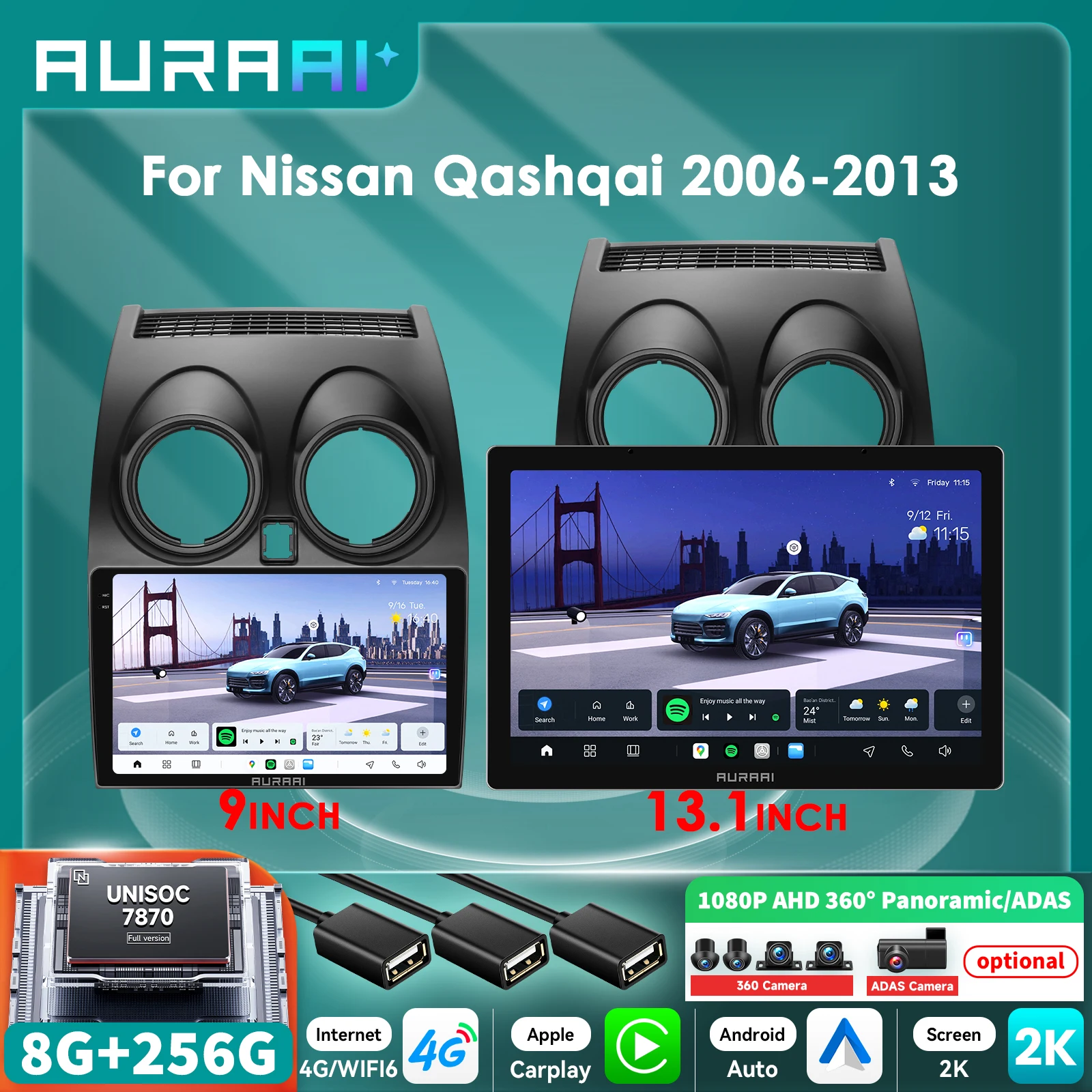 Radio Android 2K con CarPlay y cámara 360° para Nissan Qashqai J10