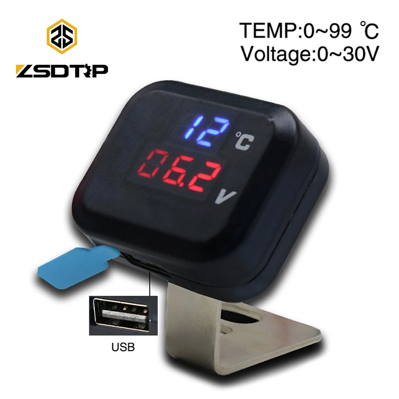 ZSDTRP Termómetro digital universal Medidor 2 en 1 Medidor de pantalla dual de temperatura de voltaje LED para motocicleta con cargador USB