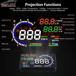 Pantalla frontal para coche HUD de 5,5 pulgadas, velocímetro Digital A8 HUD, proyector de velocidad del parabrisas con alarma de velocidad de temperatura del agua y RPM