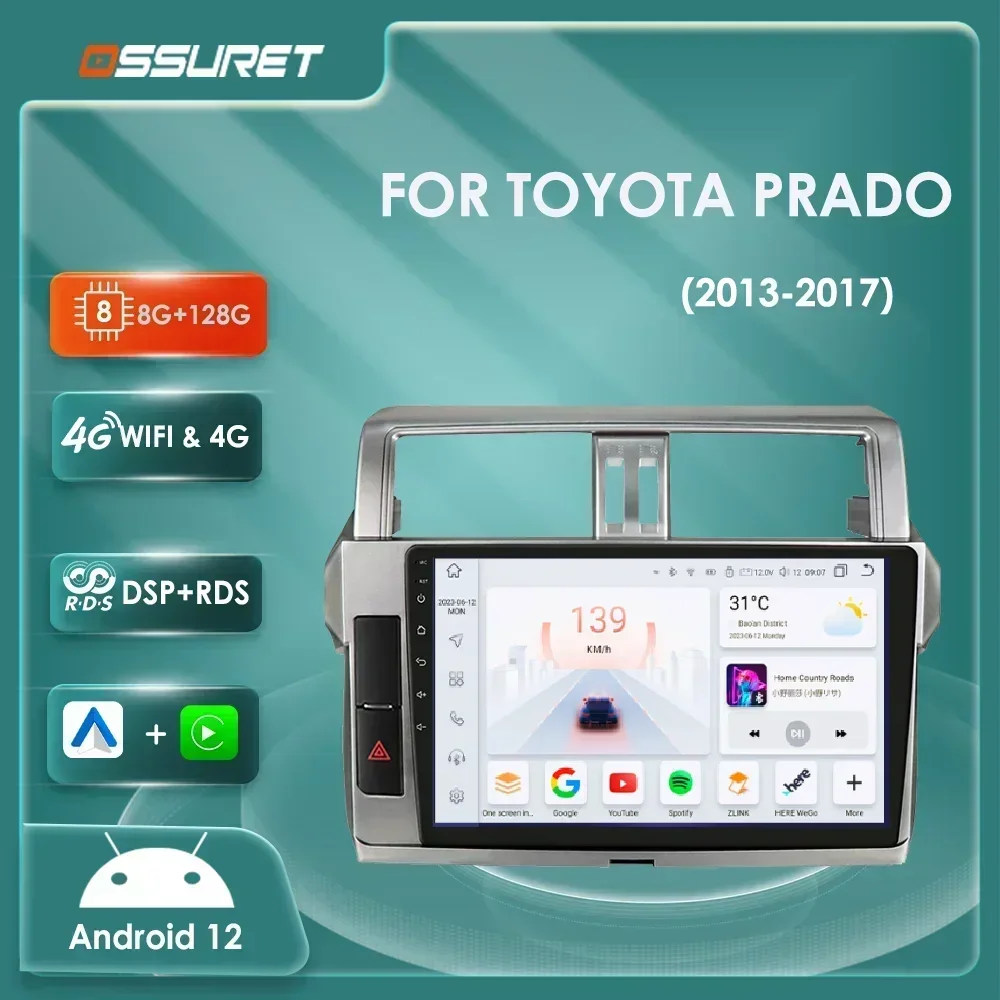 Radio multimedia Android 12 con GPS y CarPlay para Toyota Prado 150