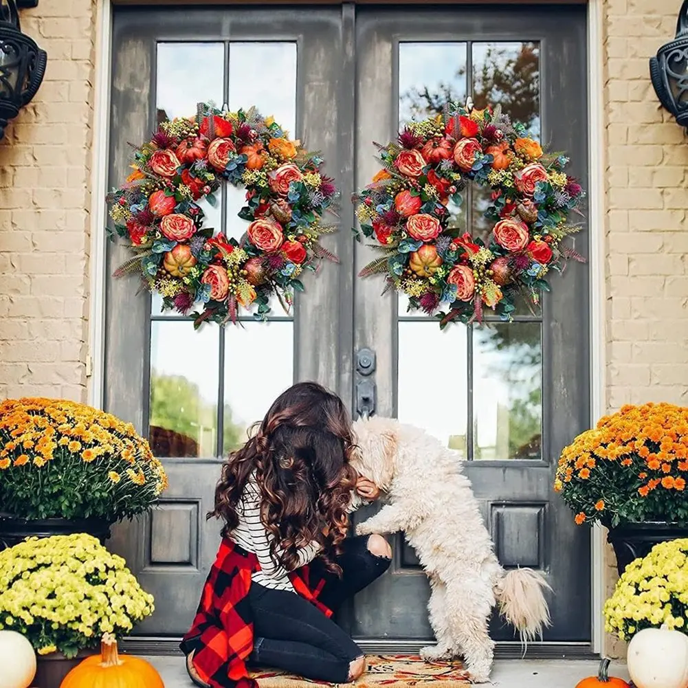 Corona de otoño con peonía y calabaza - decoración para el hogar - imagen 2