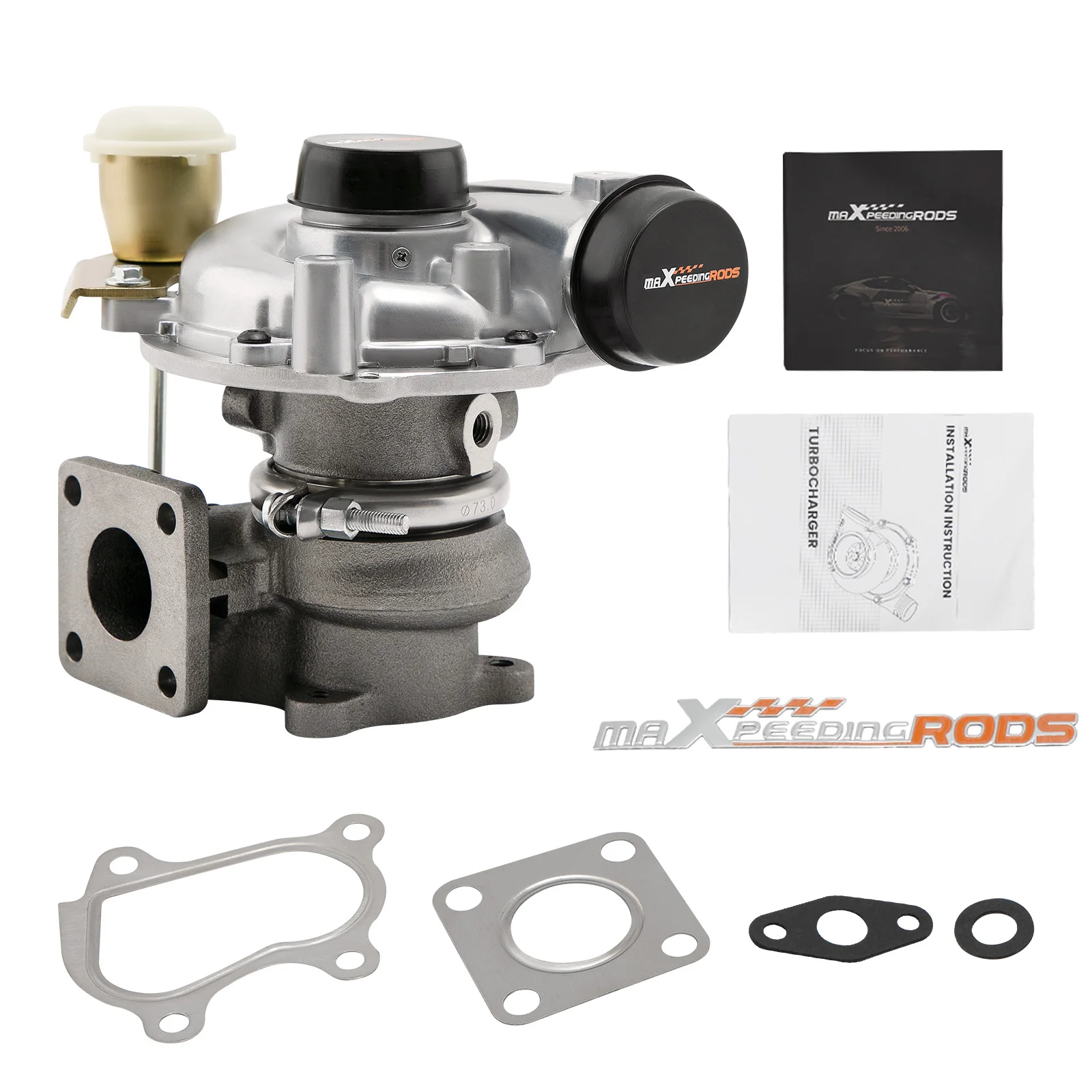 Turbo y accesorios vistos desde varios ángulos sobre fondo blanco