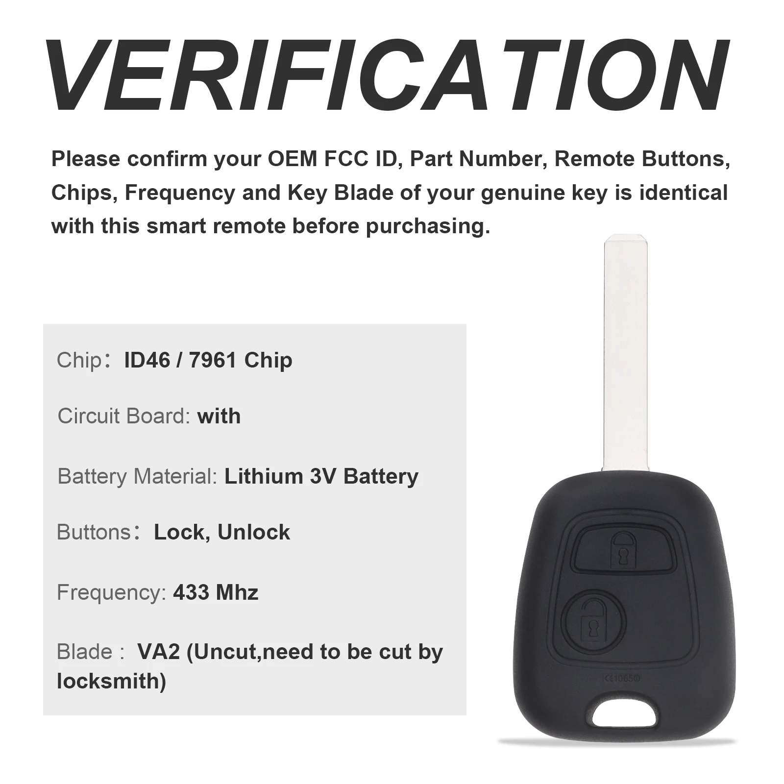 Mando a distancia 433MHz ID46 para Citroën C1 C2 C3 C4 Xsara Picasso - imagen 4