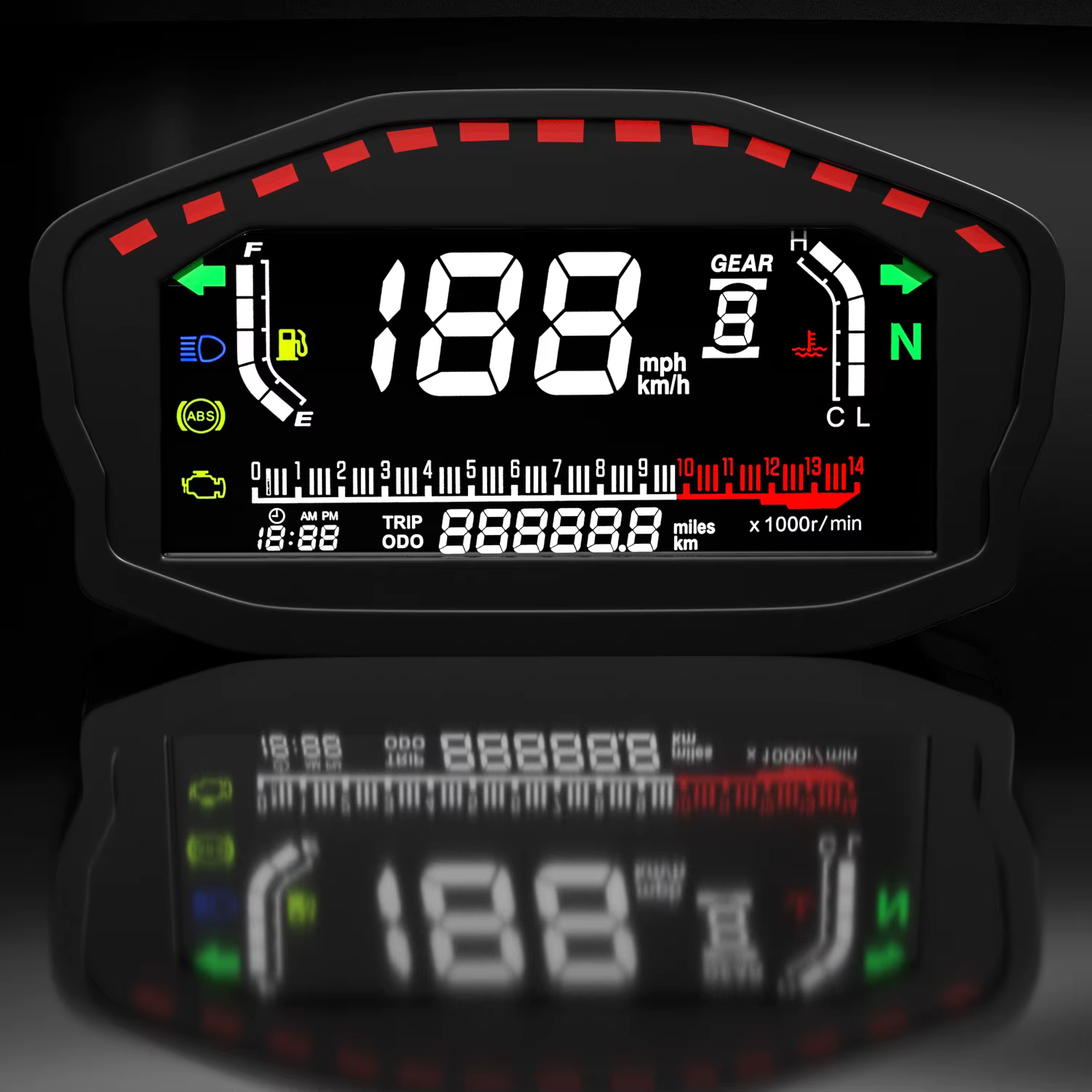 Pantalla LCD mostrando RPM y velocidad