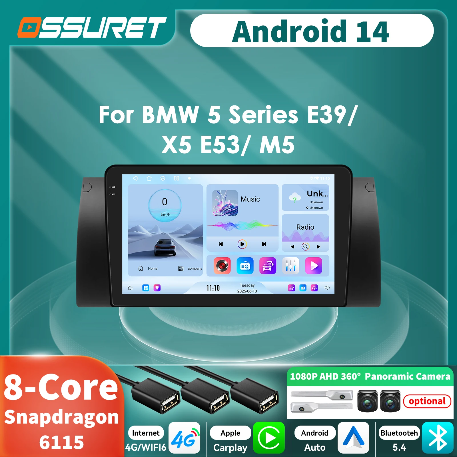 Radio Android 14 Snapdragon para BMW Serie 5 E39 y X5 E53