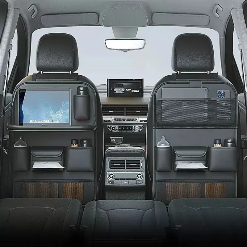 **Organizador multifuncional para asiento trasero de coche, bolsa de almacenamiento todo en uno con bandeja plegable, Soporte para vasos y pañuelos, bolsillo de almacenamiento**
