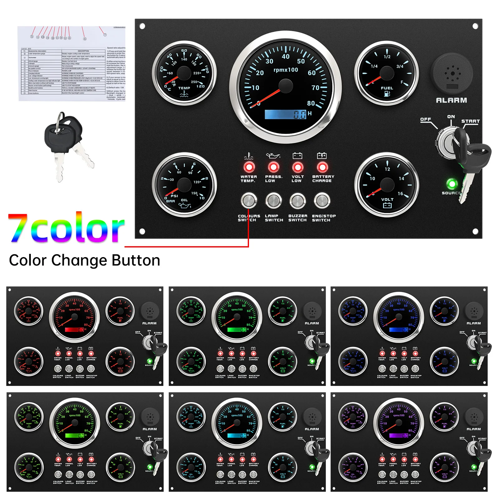 Panel de instrumentos náutico 5 en 1 con tacómetro y voltímetro - imagen 2