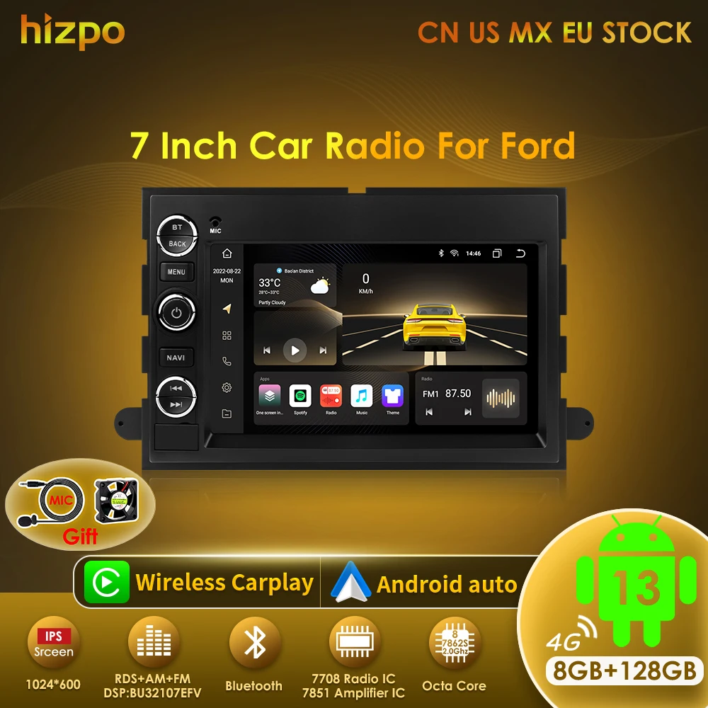Radio 2 DIN Android 13 Hizpo con GPS para Ford F-150 y Mustang