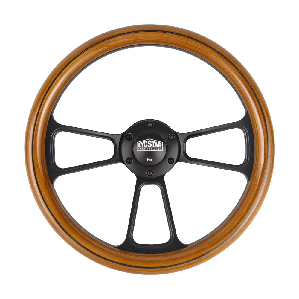 Volante de madera clásico universal con radios negros y plateados