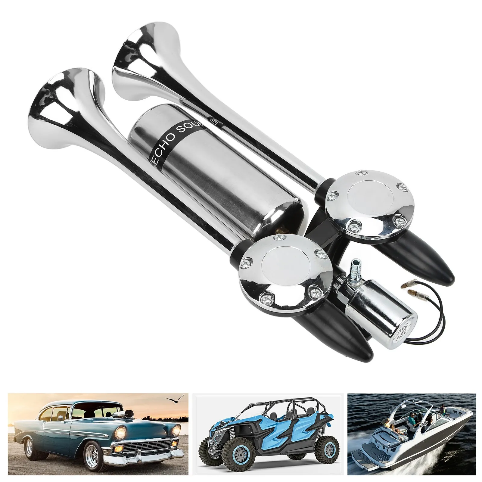 Bocina de aire doble tubo cromada – aleación zinc 12V para coche y camión - imagen 3