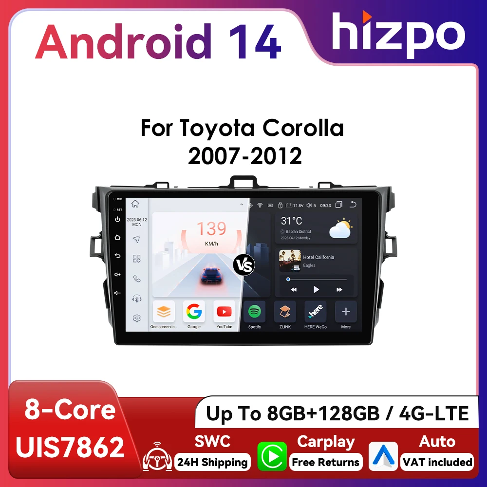 Hizpo Radio Android 13 GPS 2DIN para Toyota Corolla 2007-2011