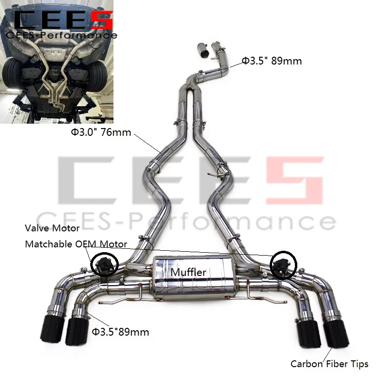 Vista lateral del escape Catback CEES para BMW M340i