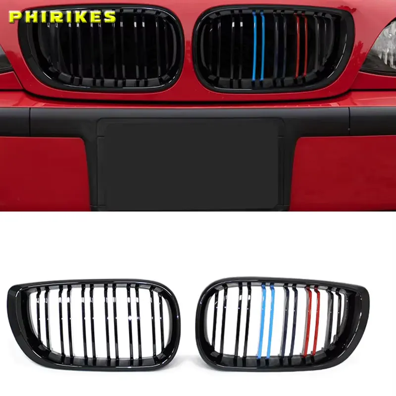 Par de parrillas delanteras para riñones de coche, negro brillante con capó de doble listón para BMW Serie 3 E46 2002-2005