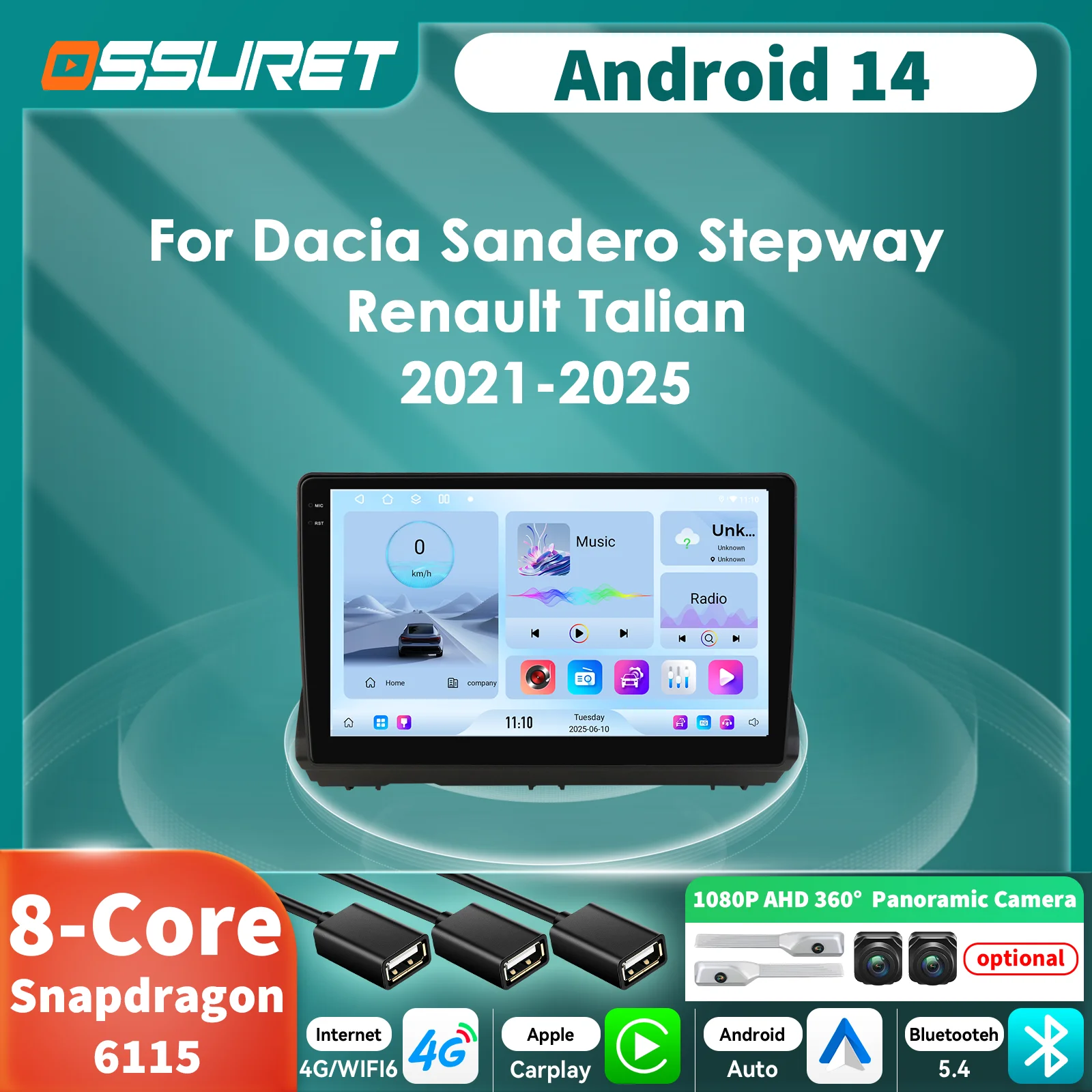 6115 Carplay Android 14 autoradio para Dacia Sandero Stepway Renault Talian Multimedia 360 Cam GPS estéreo 2din pantalla