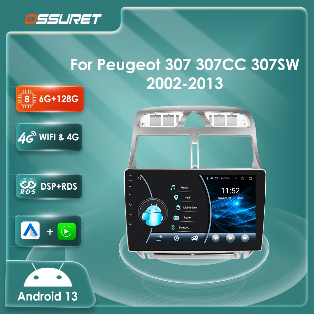 Radio 2 DIN Android 13 con GPS y CarPlay para Peugeot 307