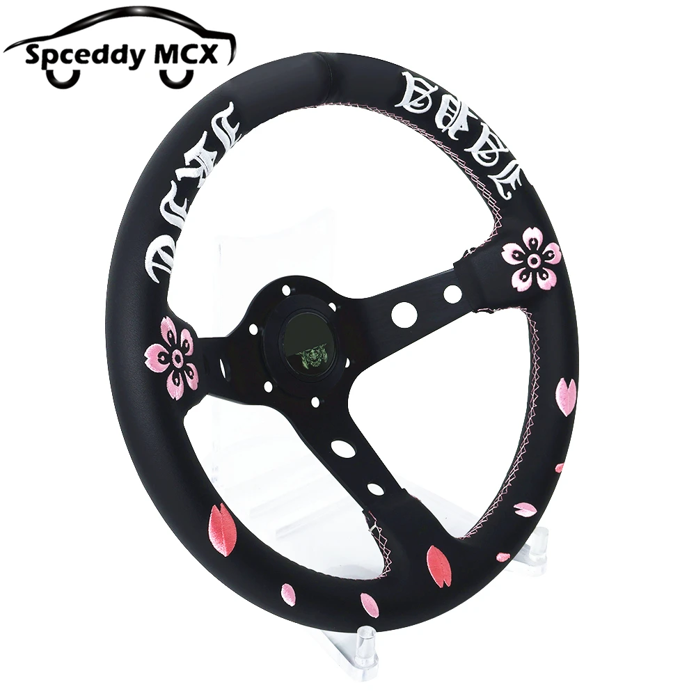 Volante JDM cuero real plato profundo bordado flor de cerezo - imagen 4