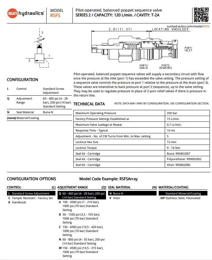 RSFSLQN SUN HYDRAULICS válvula de secuencia popeta equilibrada piloto - imagen 3