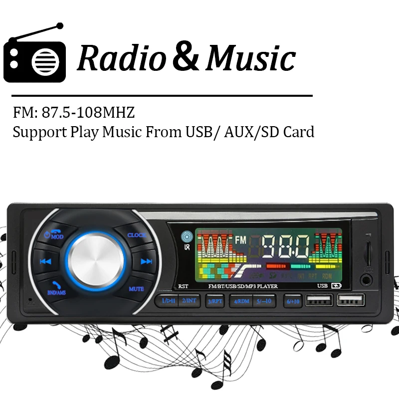 Hippcron Radio de coche 1din Audio Bluetooth reproductor de MP3 estéreo receptor FM 12V soporte de carga de teléfono AUX/USB/tarjeta TF en Kit de tablero - imagen 2