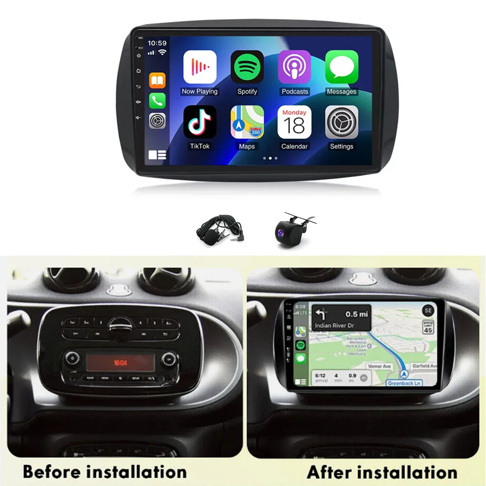 Radio Android 14 GPS 9" para Smart 2014-2022 con CarPlay y Auto - imagen 2