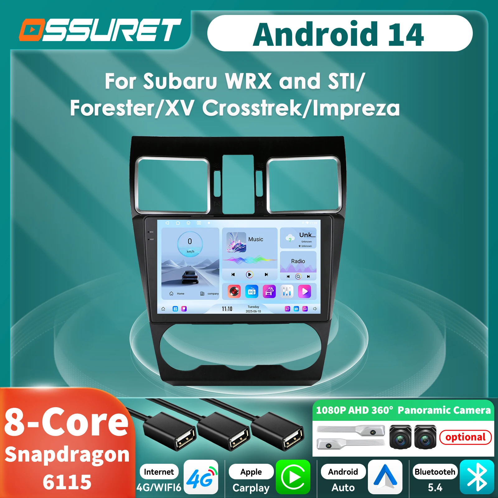 Radio Android 14 con GPS y cámara 360 para Subaru Impreza y Forester