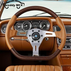 Volante deportivo forma D de 350 mm con acabado madera y cuero marrón