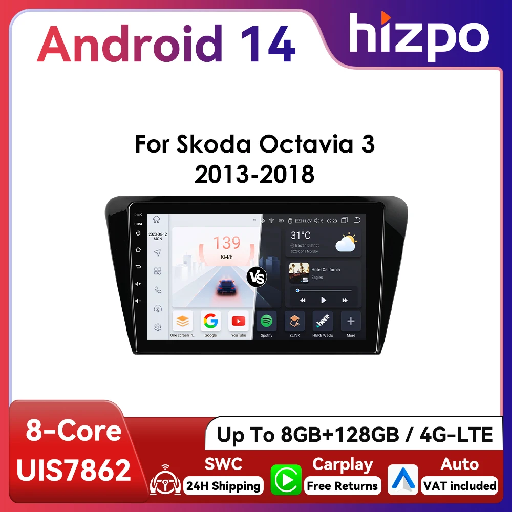 Hizpo Radio 2 DIN con CarPlay y Android Auto para Skoda Octavia III