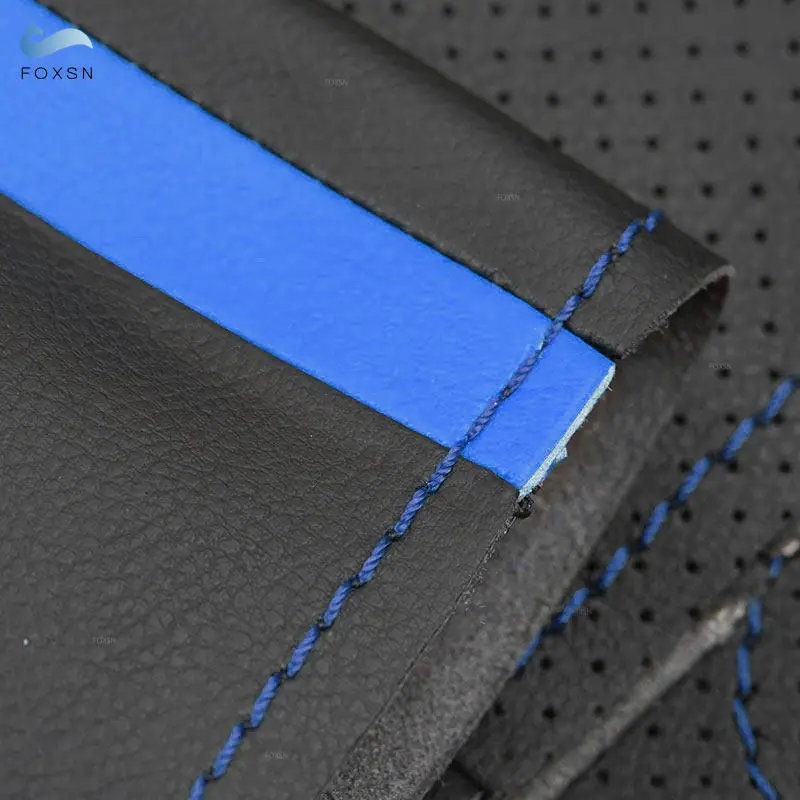 Para Opel Corsa C Combo C 2001-2006 Vauxhall Holden Tigra trenza a mano protector para volante de coche cuero negro línea azul tira azul - imagen 3