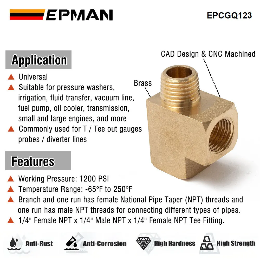 Racor T latón EPMAN rosca 1/4 NPT hembra-macho para aceite y gas - imagen 4