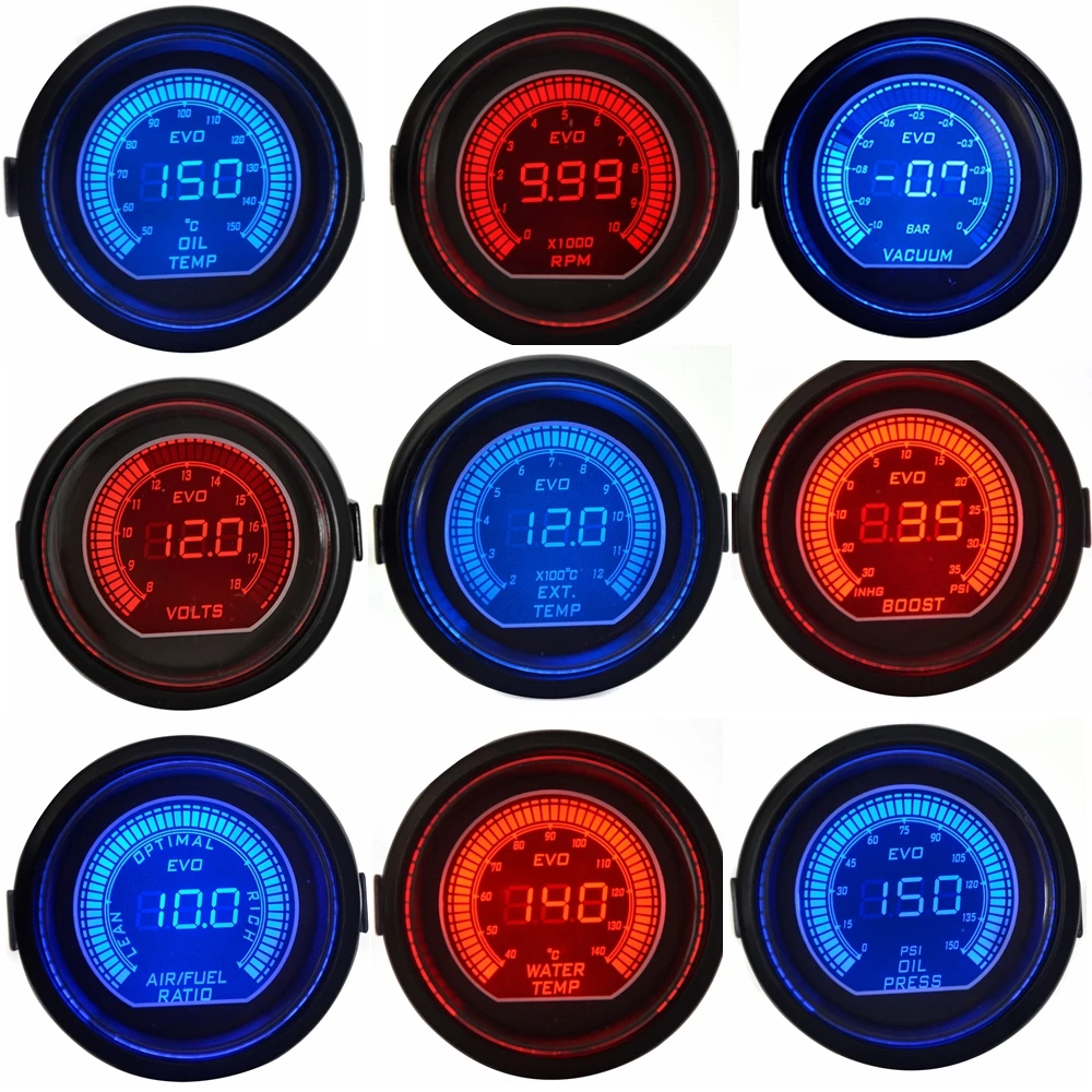 52mm EVO temperatura del aceite voltios vacío temperatura del aceite Gas de escape temperatura Boost Turbo Gauge pantalla Led Dual roja y azul con - imagen 2