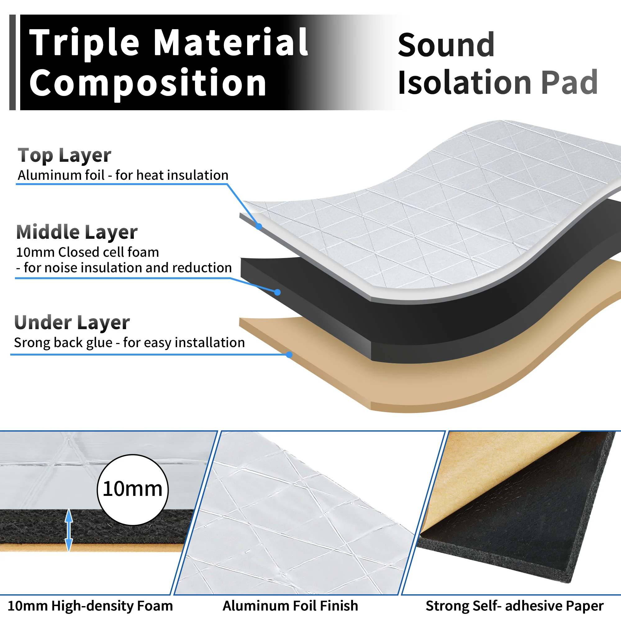 UXCELL 8 Uds aislamiento acústico de coche Universal 10mm estera insonorizante 50x30cm espuma acústica de insonorización automotriz para coche - imagen 3