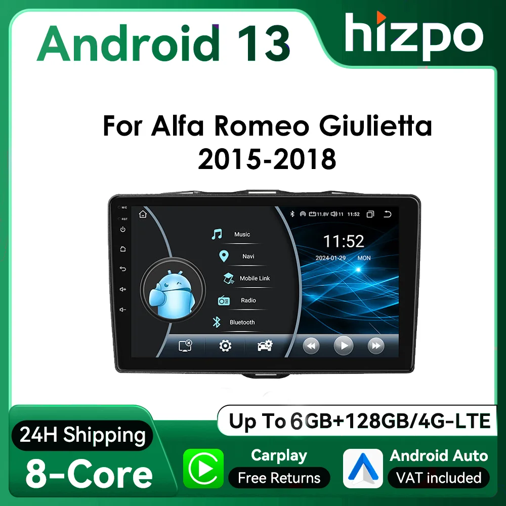 Hizpo 2Din 9 pulgadas Android13 Radio de coche para Alfa Romeo Giulietta 2015 -2018 UI8581 unidad principal RDS DSP GPS Navi 4G BT Auto CarPlay