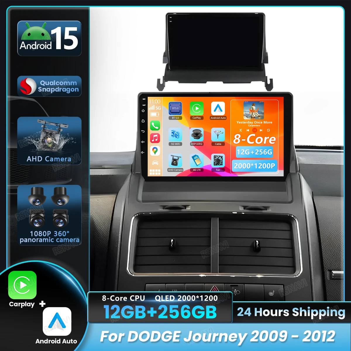 Unidad multimedia Android 15 con CarPlay para Dodge Journey 2009-2012 GPS 4G