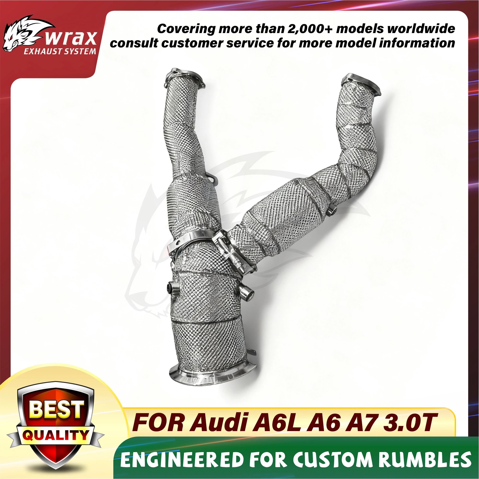 WRAX Bajante de alto flujo con gato para Audi A6L A6 A7 3.0T SS304 Actualización del tubo de rendimiento de escudo térmico Ajuste exacto de escape