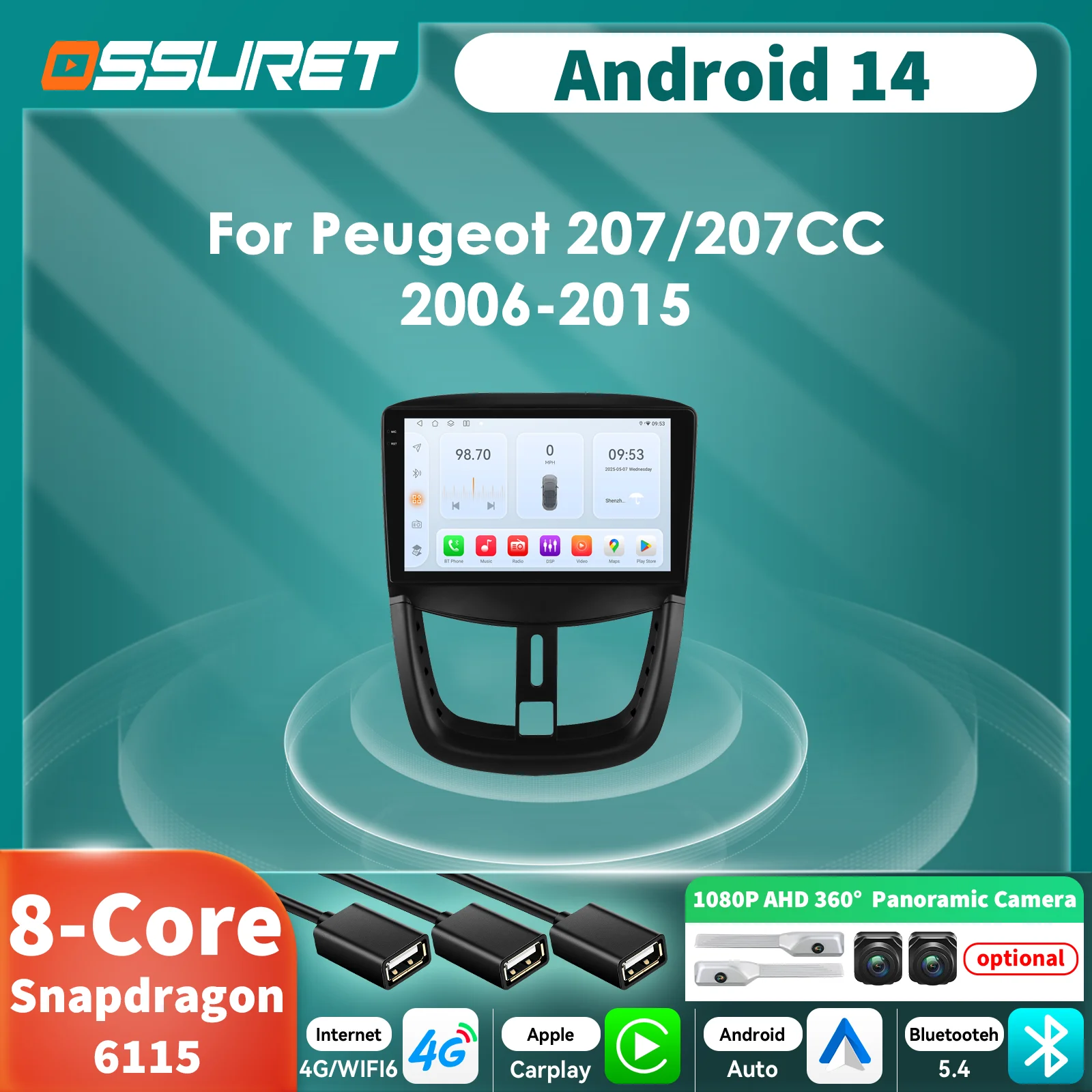 Autorradio Android 14 con CarPlay y GPS para Peugeot 207 2006-2015 - imagen 4