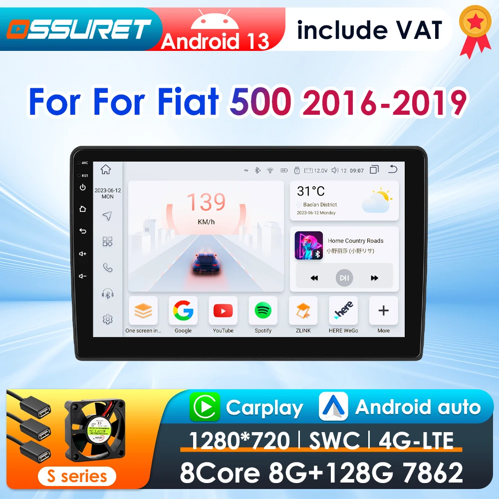 Radio 2DIN Android 13 con CarPlay, GPS y cámara 360 – Fiat 500