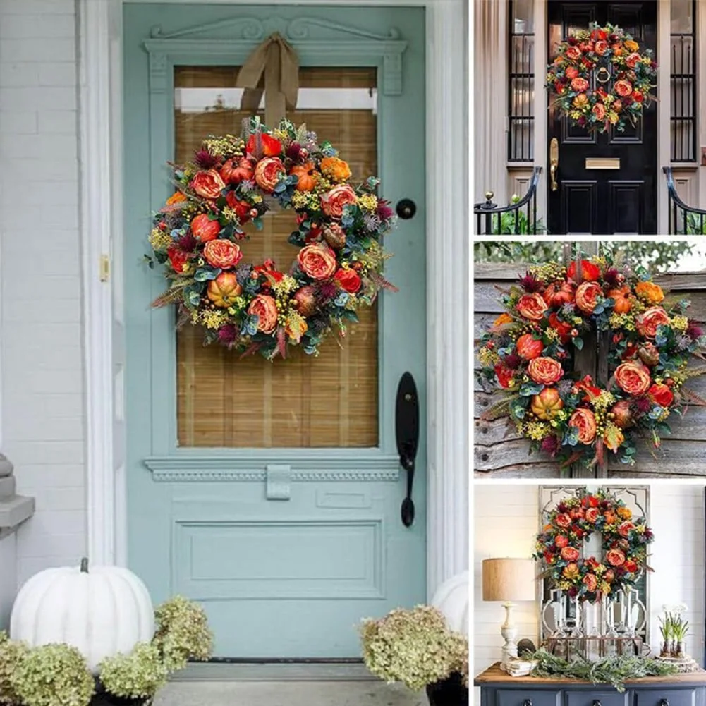 Corona de otoño con peonía y calabaza - decoración para el hogar - imagen 4
