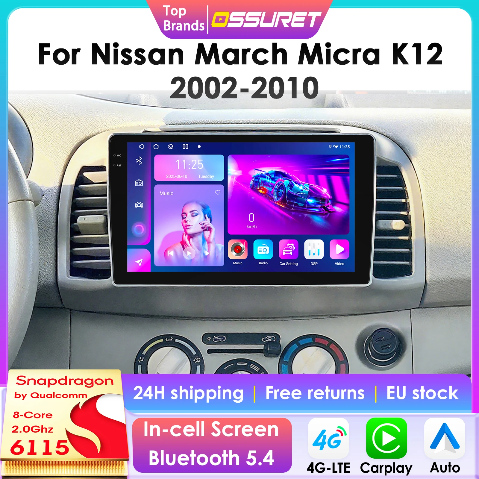 Qualcomm 8Core Android 14 Radio de coche para Nissan March Micra K12 2002 - 2010 inalámbrico CarPlay Android Auto 4G BT5.4 GPS DSP 360Cam