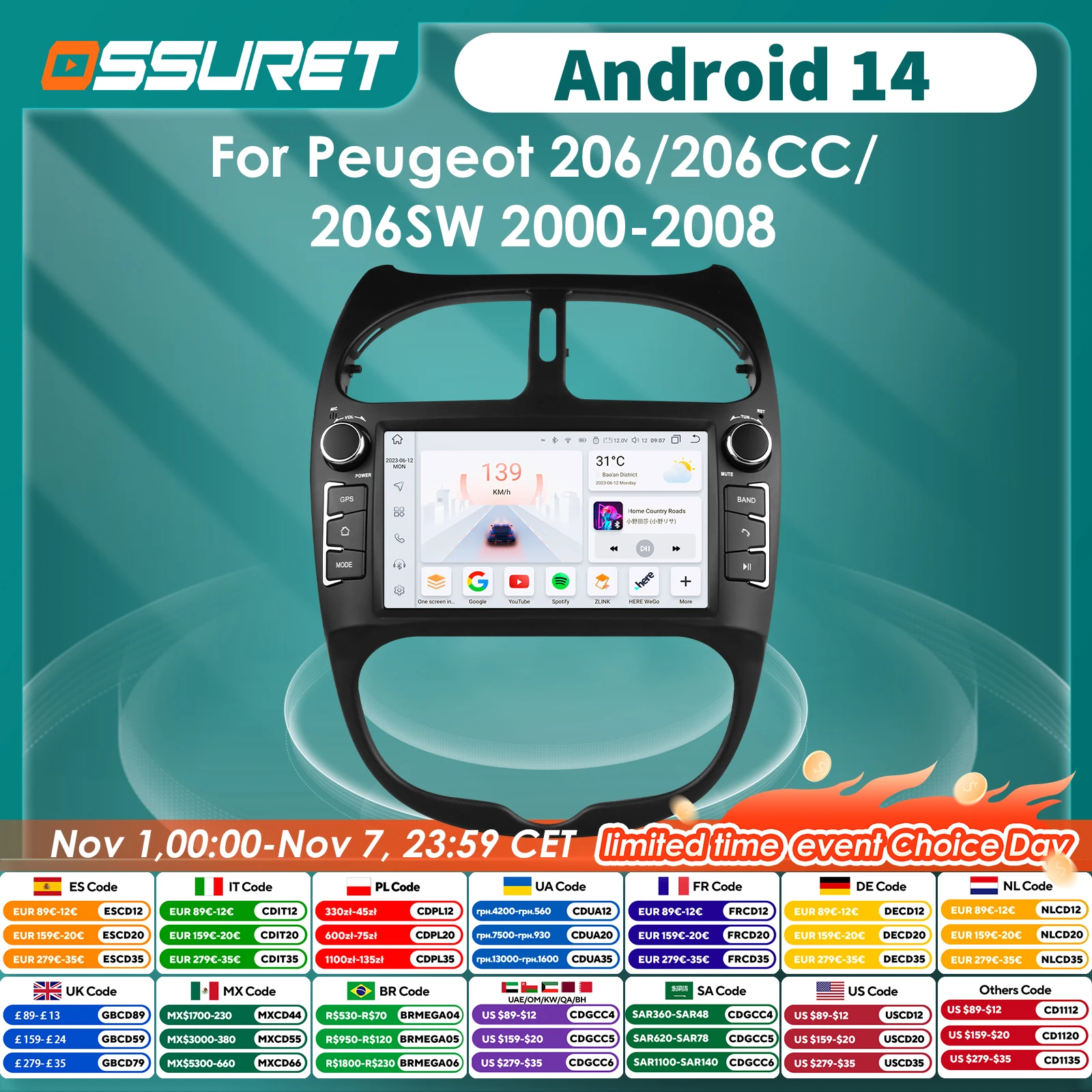Autoradio Android 2DIN GPS para Peugeot 206 CC/SW 2000-2008