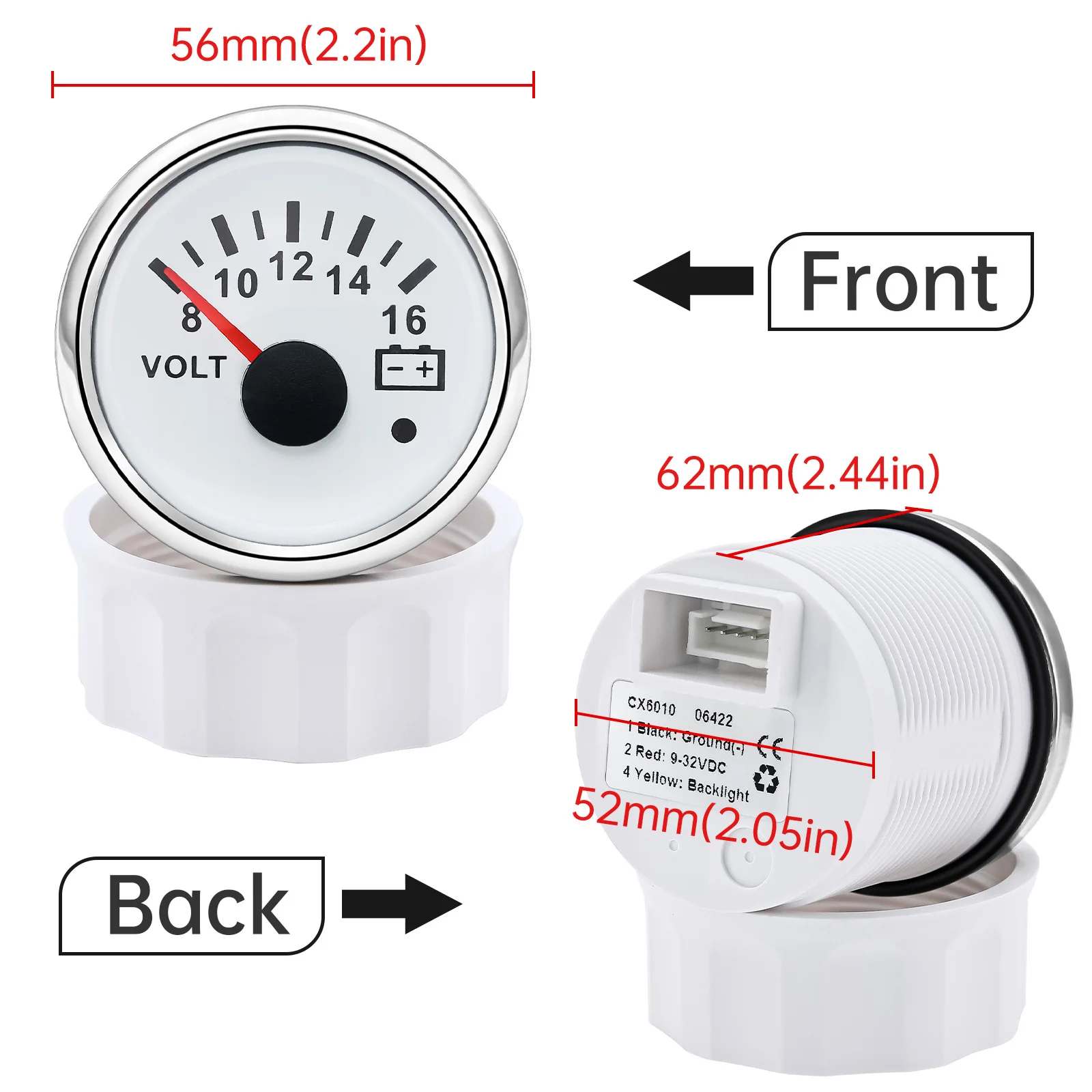 Voltímetro marino 52 mm 12/24 V con alarma y retroiluminación roja - imagen 5