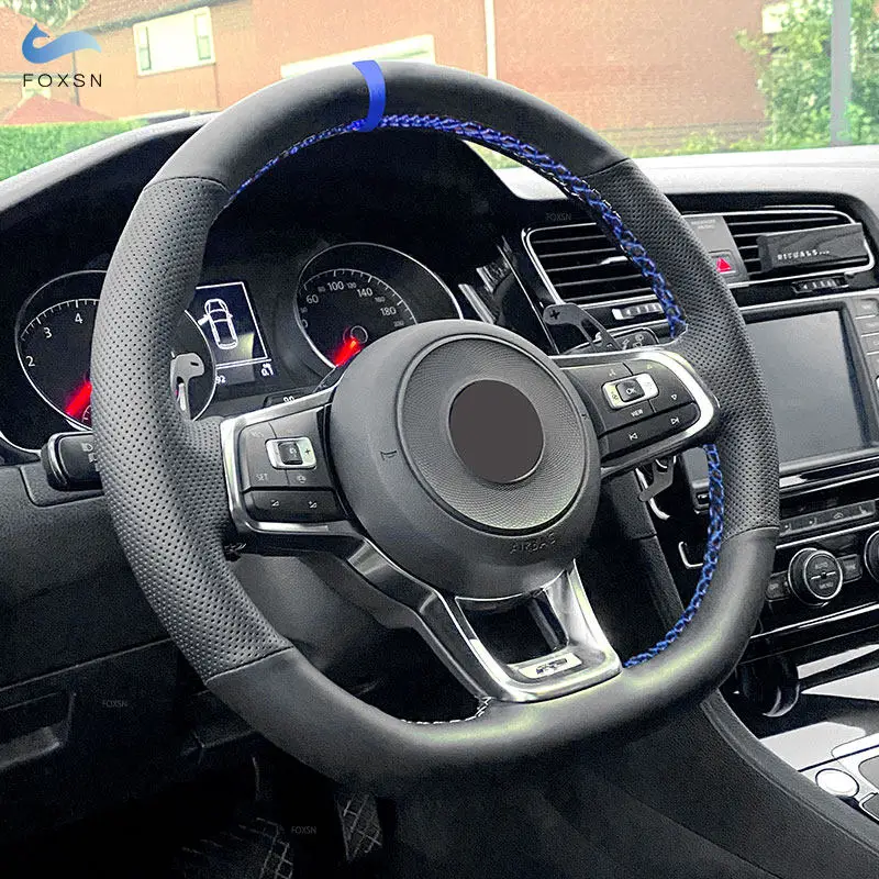 Funda de volante de cuero negro con línea azul para VW Golf 7 GTI/R