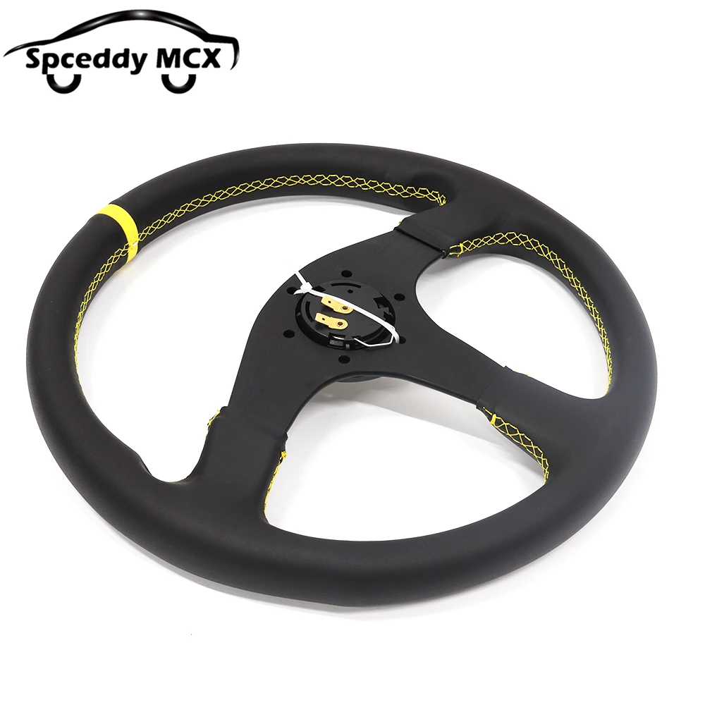 Volante Deportivo Cuero 350mm Estilo JDM – Amarillo y Negro - imagen 2