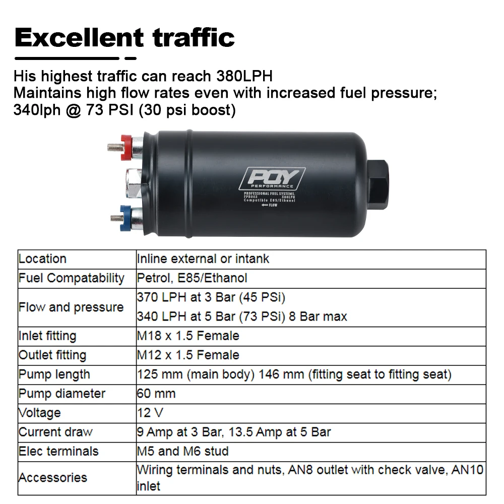 Bomba combustible externa EFI 380 LPH – alta presión 1000HP compatible E85 - imagen 2