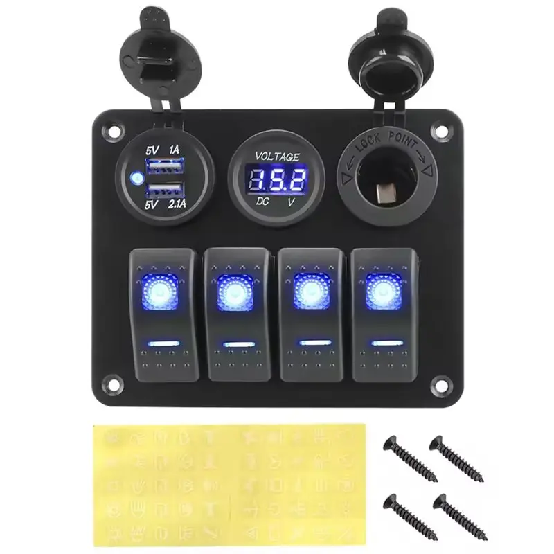 Panel de 4 interruptores LED con voltímetro y doble USB 12/24 V