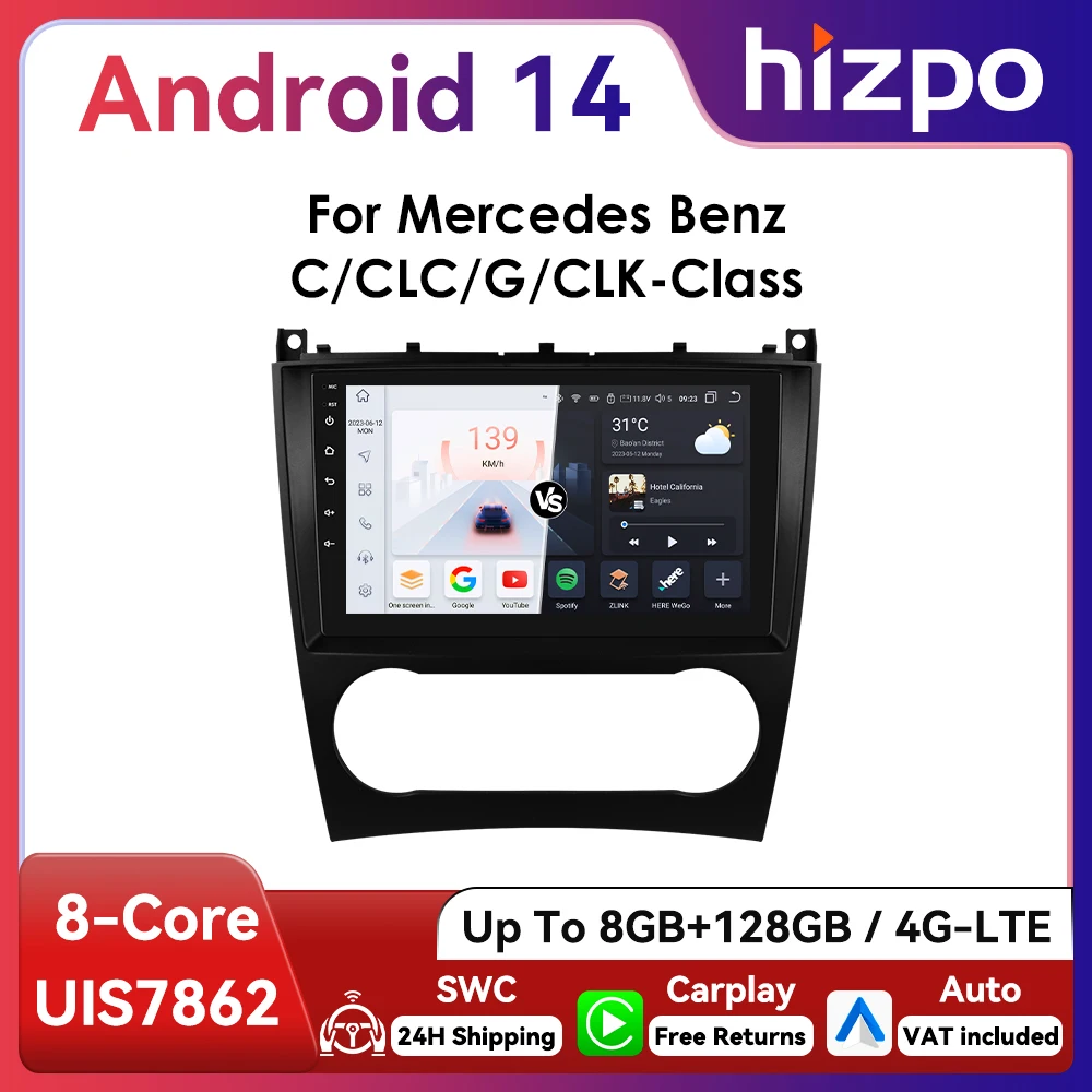 Radio 9" CarPlay Android Auto Mercedes Clase C W203
